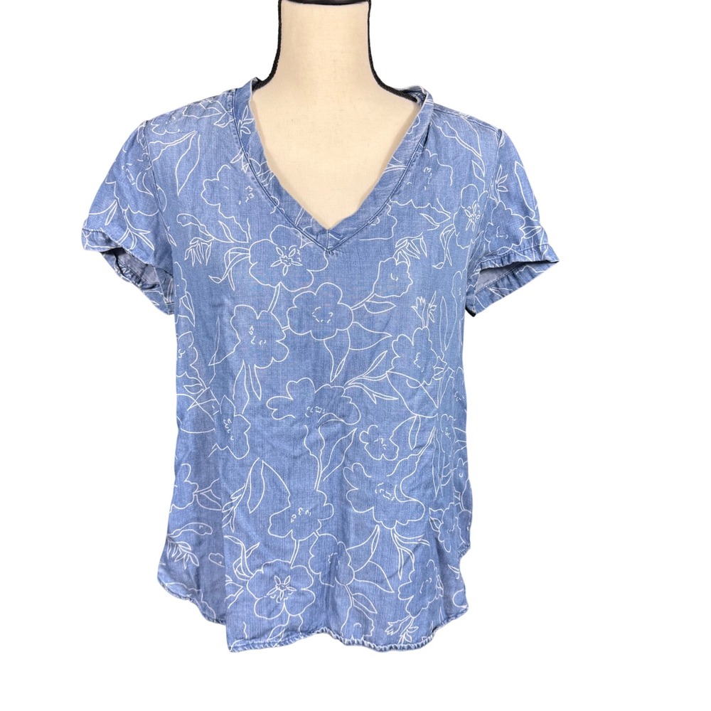 Anthropologie Cloth & Stone Blue Chambray Floral Tencel V-Neck High Low‎ Blouse